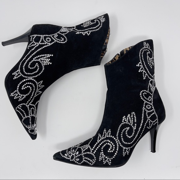 Beverly Feldman Black Suede Rhinestone Studded Pointed Toe Stiletto Heel Boot 8 - Picture 5 of 12
